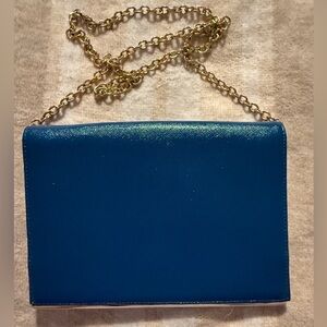 Nordstrom Halogen Peacock Blue Saffiano Leather Clutch Wallet Gold Chain Formal